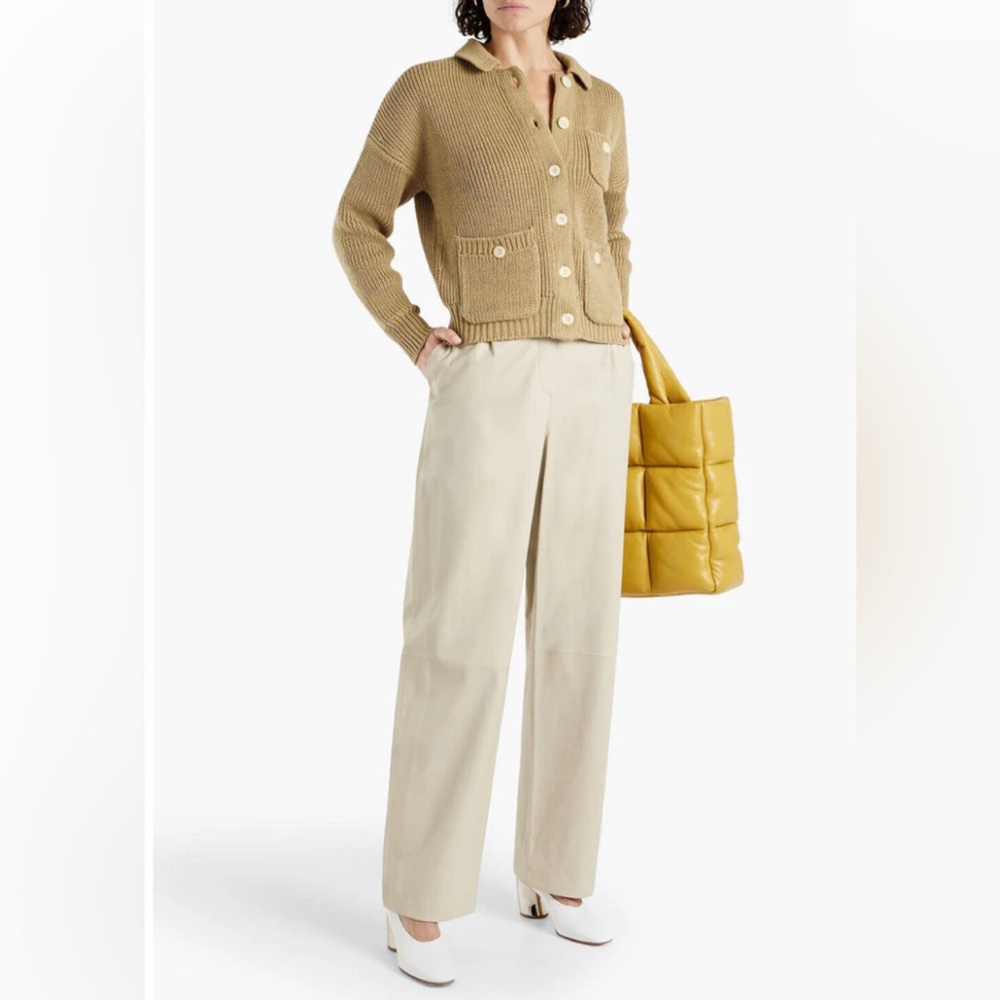 NWT Theory Pleated Leather Straight Leg Pant in Pale Stone